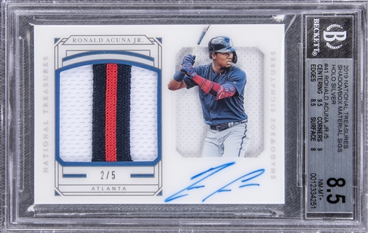 2019 Panini National Treasures Shadowbox Material Signatures Holo Silver #41 Ronald Acuna Jr. Signed Patch Card (#2/5) – BGS NM-MT+ 8.5/BGS 9